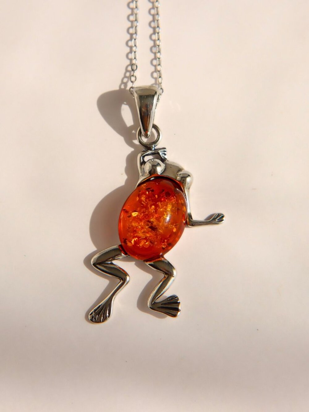 Baltic Amber Frog Pendant Necklace in Sterling Silver